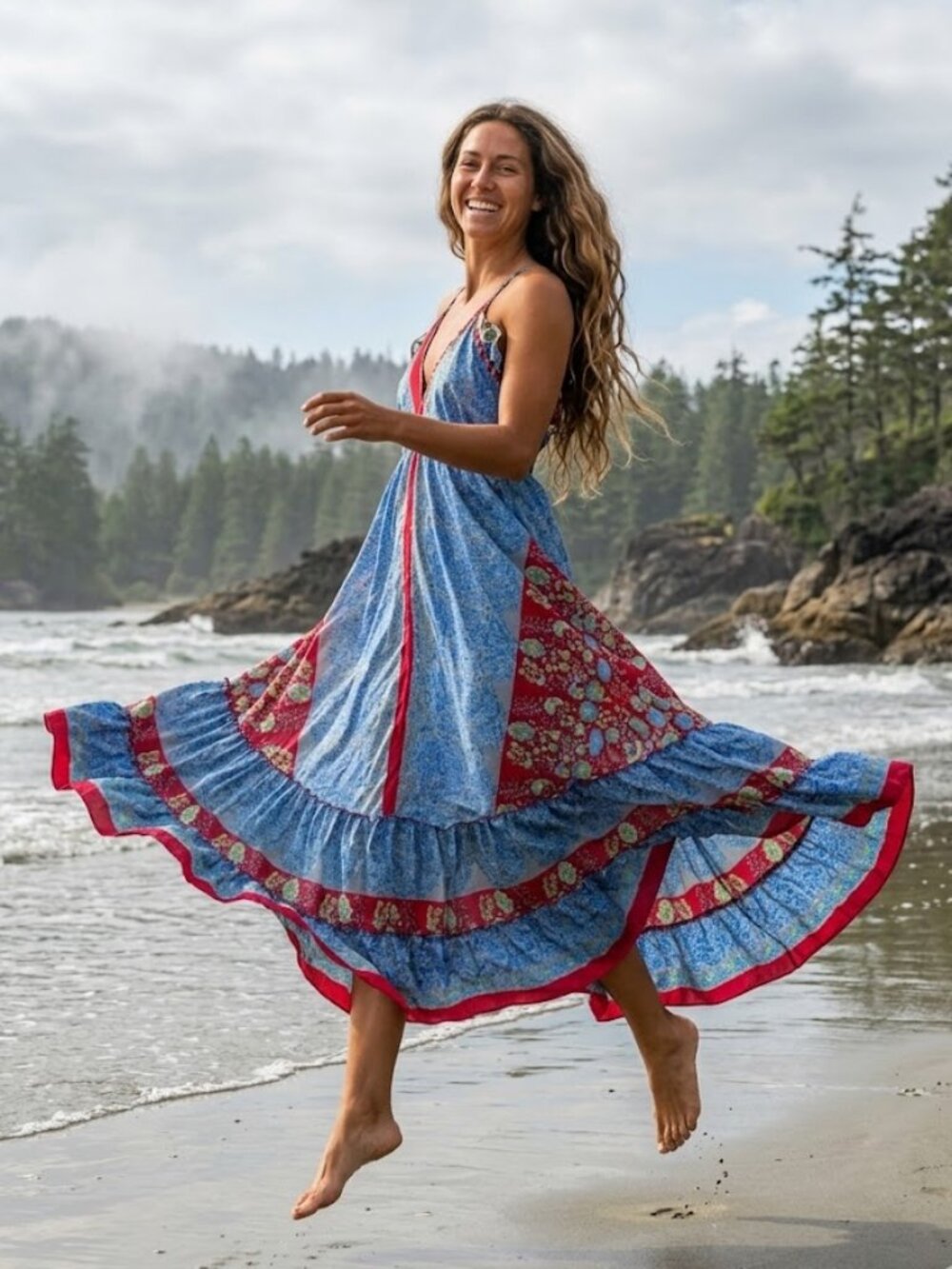 Bohemian Blue Floral SILK Maxi Dress with Red Accent - Picture 1 of 13